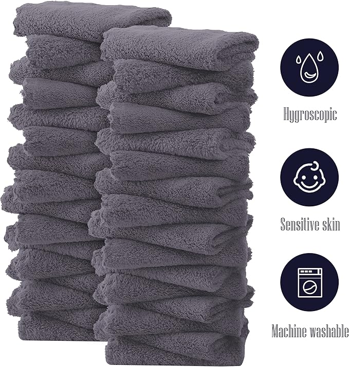 32 Pack Baby Washcloths - Luxury Coral Fleece - Extra Absorbent and Soft Wash Clothes for Newborns, Infants and Toddlers - Suitable for Sensitive Skin and New Born - Baby Shower - Grey, 10x10 Inch
