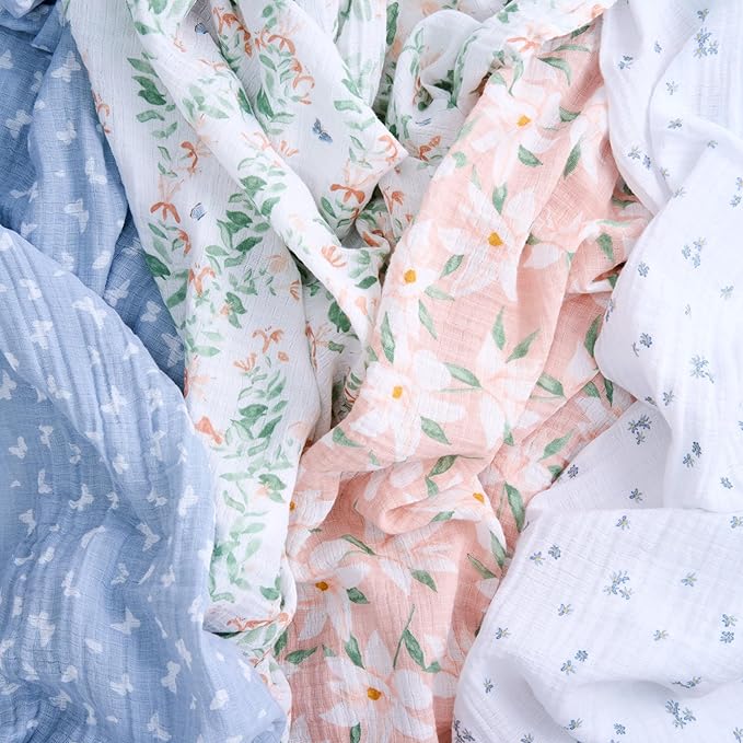 aden + anais Essentials Cotton Muslin Swaddle, Breathable Baby Blanket, Ideal for Boys, Girls, Newborns, Babies & Infants, Receiving Blanket, Soft and Lightweight Wrap, 4 Pack, Butterfly Garden