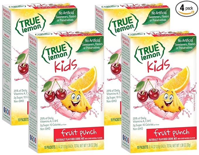 True Lemon, Fruit Punch Packets Low Sugar No Preservatives Kids Hydration Drink Mix, 1.38 Ounce (Pack of 4)