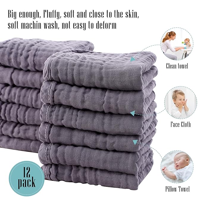 Cute Castle 24 Pack Muslin Burp Cloths for Baby - Ultra-Soft 100% Cotton Baby Washcloths - Large 20'' by 10'' Super Absorbent Milk Spit Up Rags - Burpy Cloths for Unisex, Boy, Girl - Grey