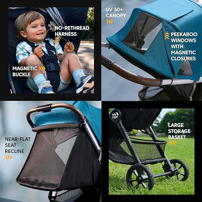 Baby Jogger City Mini GT3 All Terrain Stroller with Forever Air Rubber Tires and All Wheel Suspension with Magnetic Buckle and No-Rethread Harness, Height-Adjustable Handlebar, and Foot Brake