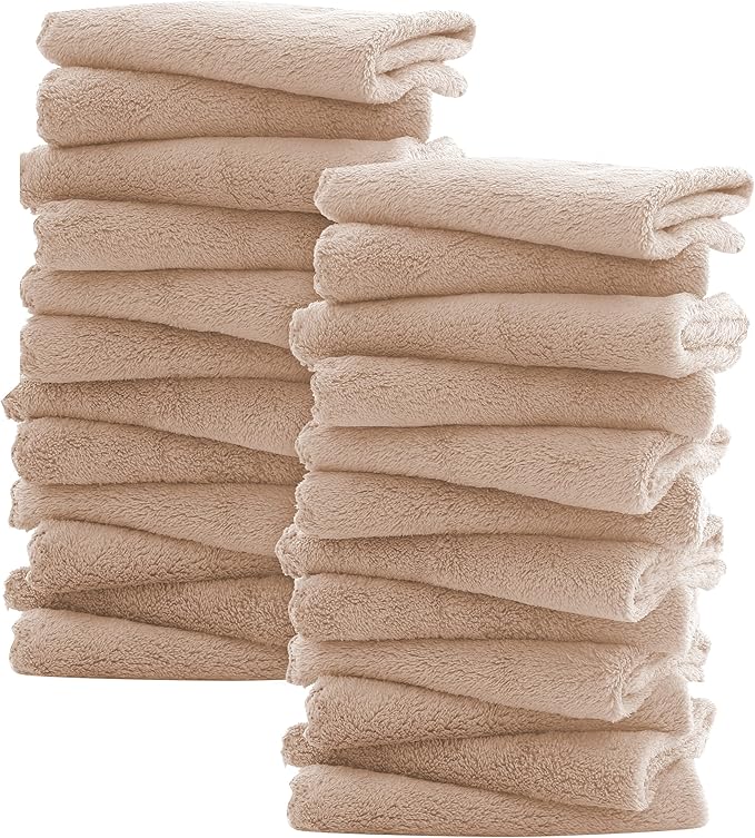 Sunny zzzZZ Ultra Soft 24 Pack Baby Washcloths - 10x10 Inches - Coral Fleece Extra Absorbent Wash Clothes for Babies, Infants and Toddlers - Sensitive Skin and Newborn - Ideal Baby - Brown