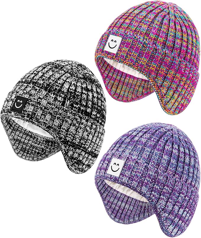 Alepo 3 Pack Baby Beanie Hats with Earflaps, 2 Size Baby Winter Hat for Toddler Kids, Fleece Lined Knit Hat for Girls Boys