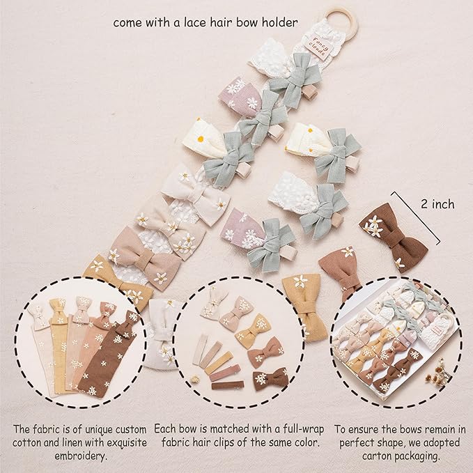 Baby Girl Hair Clips With Bow Holder 18 PCS Daisy Embroidered Hair Bow Handmdade Flower Bouquet,Fully Lined Alligator Clips,Hair Accessories for School Age Girls Toddler Kids by FANCY CLOUDS