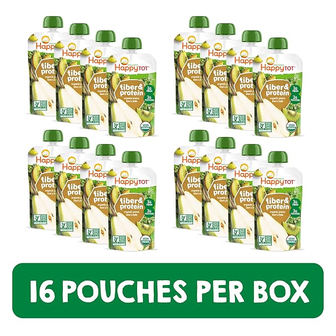 Happy Tot Organics Stage 4 Baby Food Pouches, Gluten Free, Vegan Snack, Fiber & Protein Fruit & Veggie Puree, Pears, Kiwi & Kale, 4 Ounce (Pack of 16)