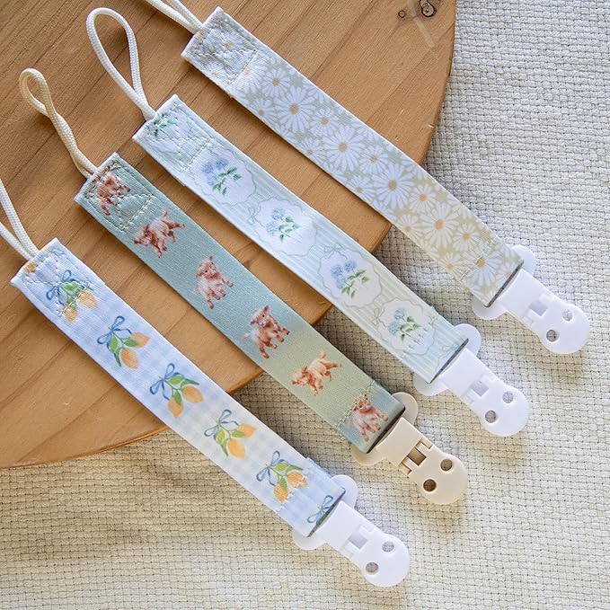 Stadela Baby Fabric Pacifier Clip Holder, Plastic Clip, 4‑Pack, Farm Pattern, Rowan Set
