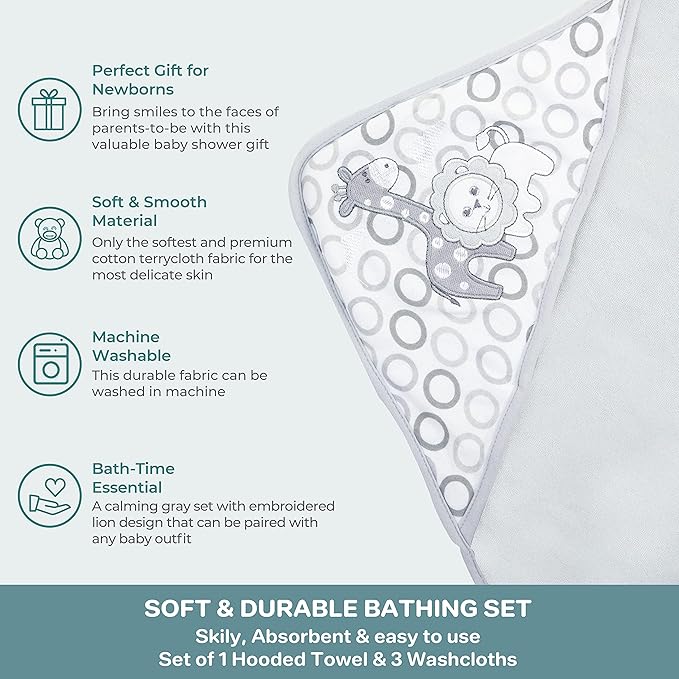 Spasilk Baby Bath Hooded Terry Towel with 3 Washcloths, Baby Bath Essentials, One Size, Gray Lion (Pack of 3)