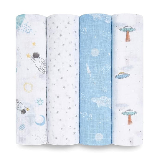 aden + anais Essentials Swaddle Blanket, Boutique Muslin Blankets for Girls & Boys, Baby Receiving Swaddles, Ideal Newborn & Infant Swaddling Set, Perfect Shower Gifts, 4 Pack, Space Explorers