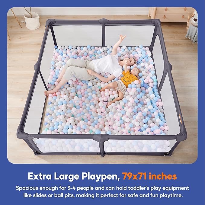 Sweeby Baby Playpen, 79x71 Inch Foldable Playpens for Babies and Toddlers with Gate, Extra Large Playpen with Door Play Yard for Baby Fence Indoor and Outdoor Portable Play Pen,Dark Gray