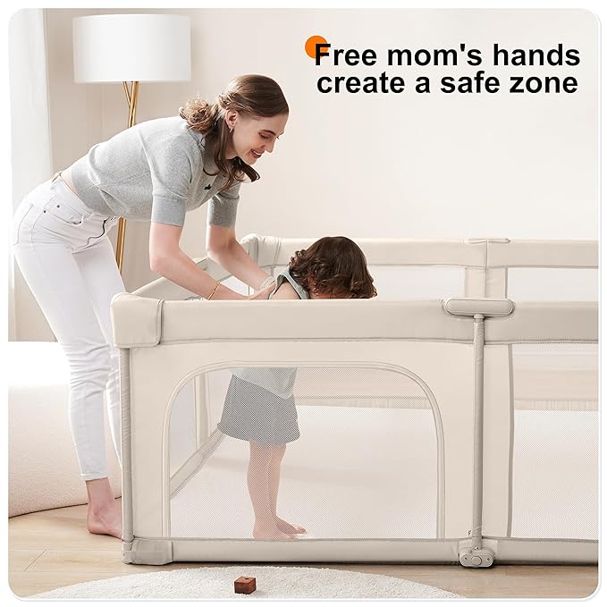 Sweeby Baby Playpen, 59x59 Inch Gate Foldable for Babies and Toddlers, Extra Large with Door Play Yard for Fence Indoor and Outdoor, Light Khaki