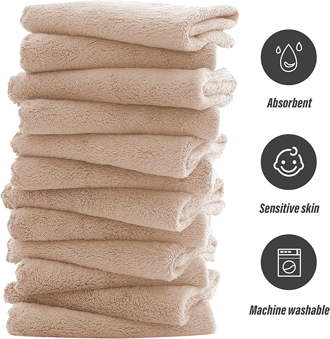 Sunny zzzZZ Ultra Soft 24 Pack Baby Washcloths - 10x10 Inches - Coral Fleece Extra Absorbent Wash Clothes for Babies, Infants and Toddlers - Sensitive Skin and Newborn - Ideal Baby - Brown