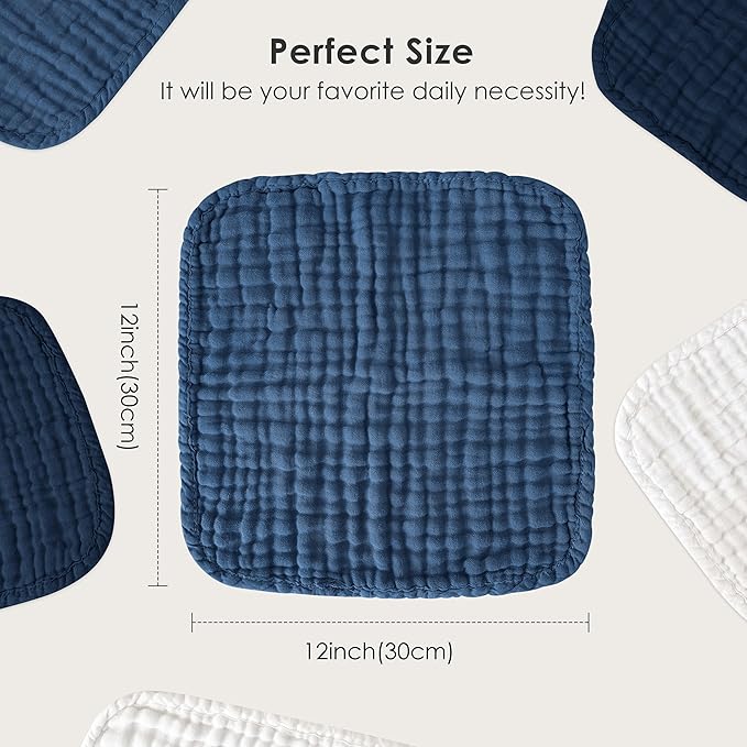 Sunny zzzZZ Baby Muslin Washcloths -100% Cotton Muslin Soft Baby Bath Wash Cloths and Absorbent Burp Cloths for Newborns Kids Girls and Boys -12 Pack, 12x12 Inches - White+Deep Navy Series
