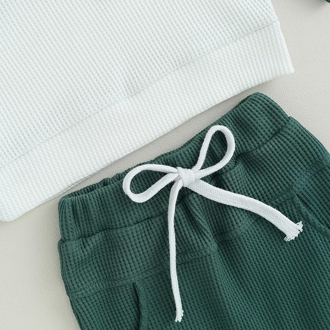 Toddler Baby Boy Fall Outfit Long Sleeve Crew Neck Contrast Color Sweatshirt Top Pant Cute Newborn Infant Waffle Clothes