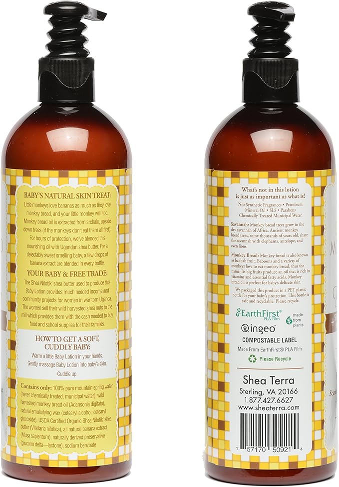 Shea Terra Organics Mama and Baby Collection | Bananas & Monkey Bread Baby Lotion | Non Toxic All Natural Emollient with Baobab and Shea Butter for Dry Skin – 16oz