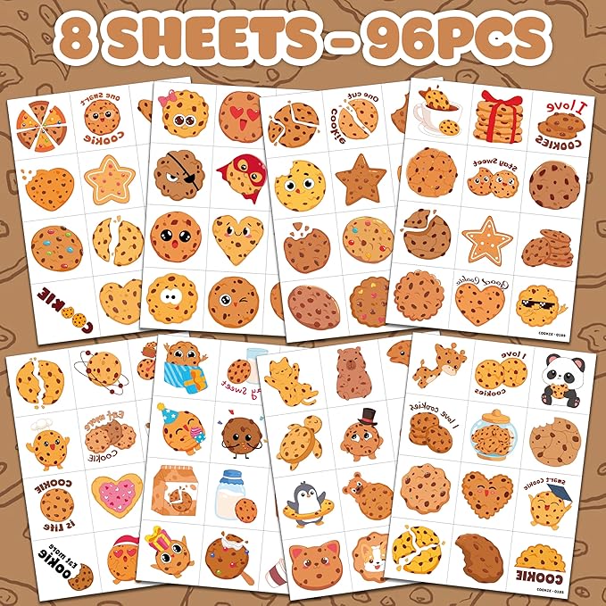 96 PCS Cute Cookie Pre-Cut Temporary Tattoos for Kids | Super Cute Milk Biscuits Themed Birthday Party Favors, Supplies, Decorations, Fake Tattoo Stickers, School Rewards Prizes & Gifts For Boys Girls