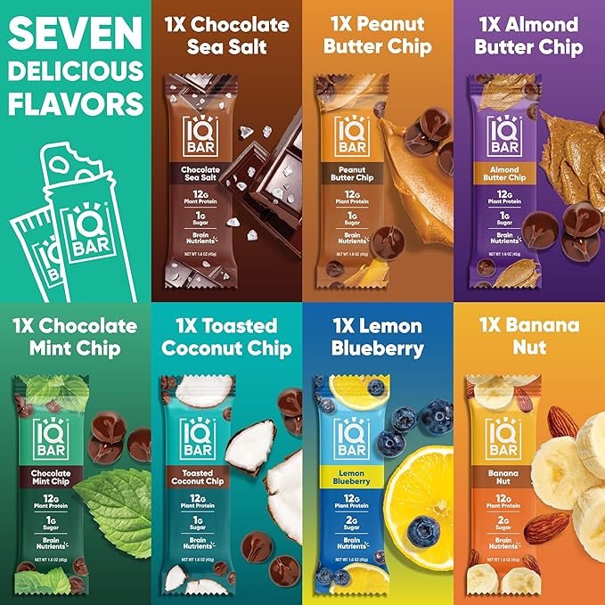 IQBAR Brain and Body Clean Plant Protein Bars - Sampler - 7 Bars - Keto, Vegan, High Fiber, Gluten and Dairy Free, Low Sugar Snack with Nutrients for Focus, Energy, Meal Replacement