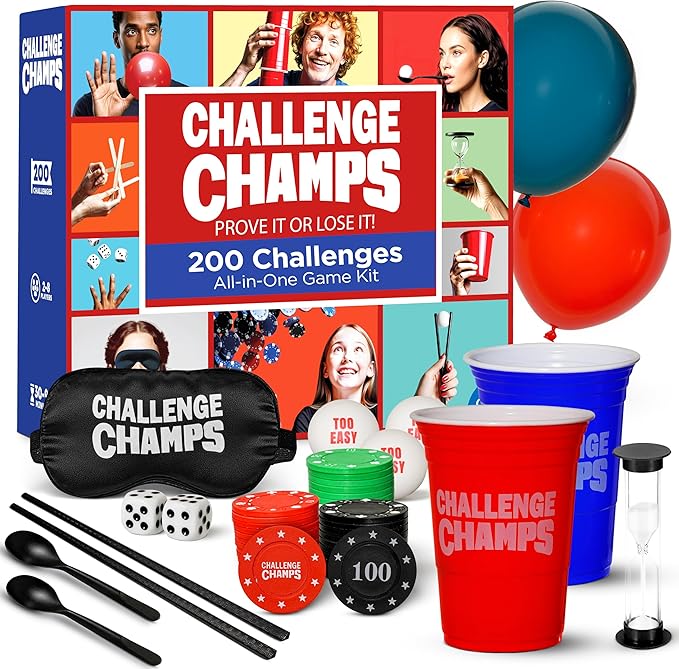 Action Party Game – 200 Skill Challenges for Team Building, Family Game Night | Complete Set for Adults, Teens, Kids 8+ with 10+ Accessories | Competitive Group Activity