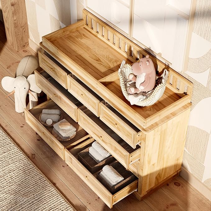 Homsee Baby Changing Table Dresser, 100% Solid Wood Infant Diaper Changing Station Combo, 9-Drawer Baby Nursery Dresser with Removable Tray for Children's Room Bedroom, Nature Color 55.1"W