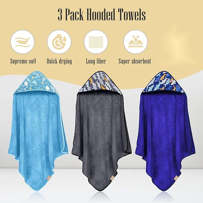CORAL DOCK 3 Pack Baby Hooded Bath Towel Sets, Ultra Absorbent Baby Essentials Item for Newborn Boy Girl, Baby Bath Shower Towel Gifts for Infant and Toddler - Shark World