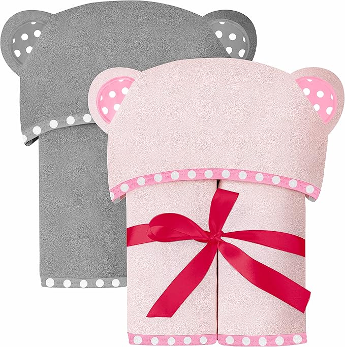 Set of 2 Hooded Baby Towels – Pink and Grey – Luxurious, Large and Super Absorbent – 30 x 30 Inch – Soft and Suitable for Infants, Toddlers and Kids – 400 GSM