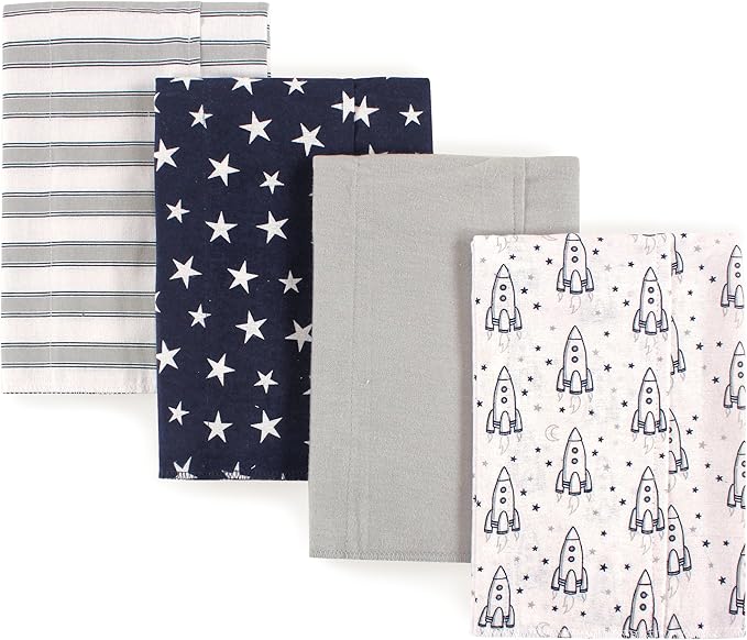 Hudson Baby Cotton Poly Flannel Burp Cloths Multipack, Rocket Ship 8-Pack, One Size