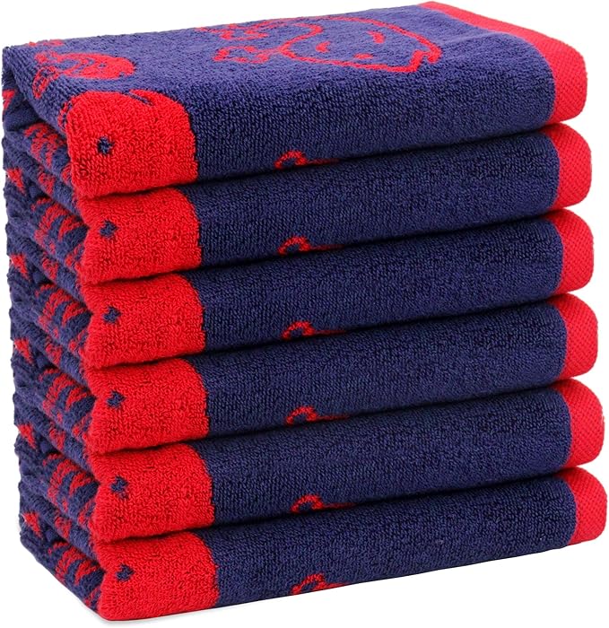 ORIGINAL KIDS Hand Towels - Bath Time Whale of A Time Set of 6 Hand Towel - 100% Cotton Jacquard Super Soft Colorful Absorbent Quick Dry Easy Care Bathroom Face Towel Gift - 16 x 27 - Navy Blue Red