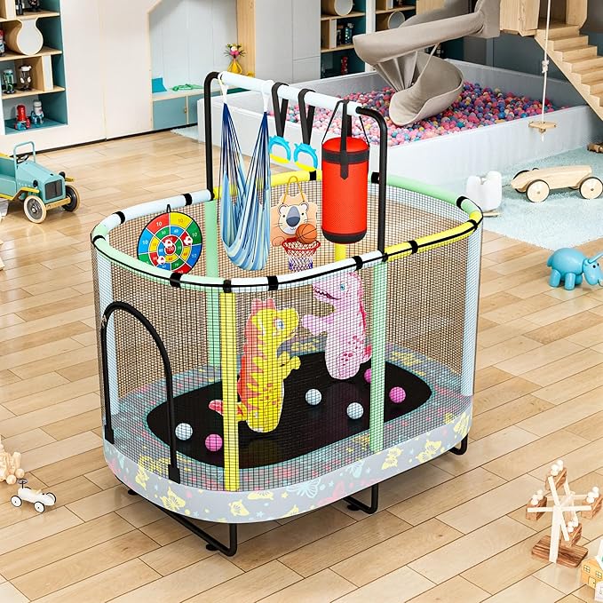 LAMERGE 55" 7-in-1 Round Trampoline for Kids Boys & Girls Ages 1-8, Indoor & Outdoor Trampoline for Fun, Adjustable Height Handrail ＆ Enclosed Safety Net ＆ Durable Designs for Toddlers Children