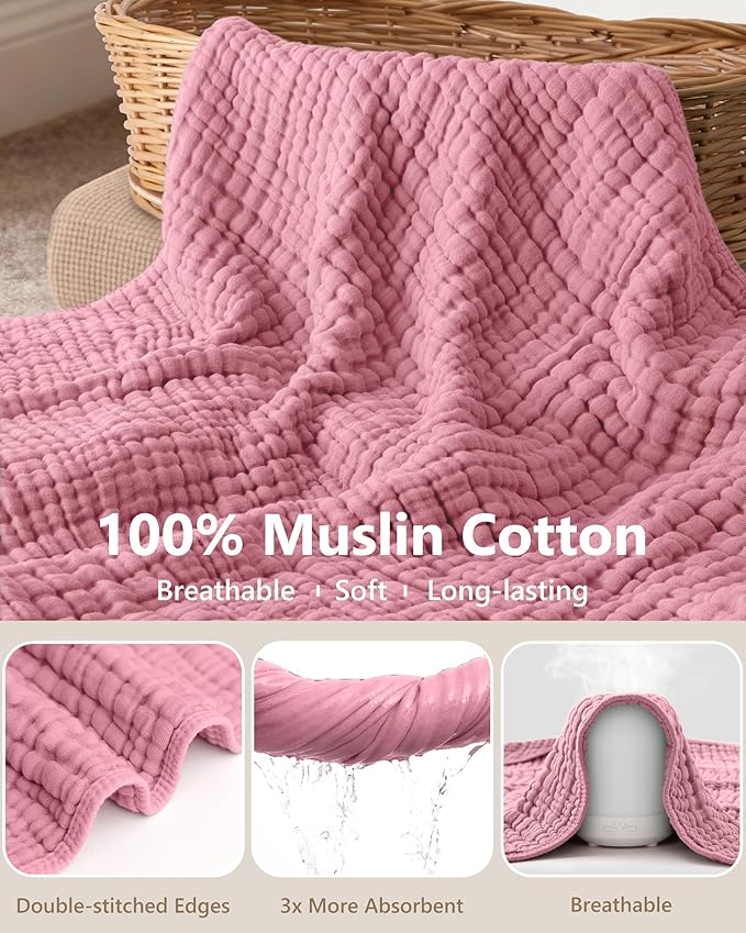 Baby Girl Bath Towels, 100% Muslin Cotton Hooded Baby Towels for Newborn, 2 Pack Baby Towels with Hood for Infant Toddler and Kids, Large 32x32Inch Bath Essentials, Soft and Absorbent