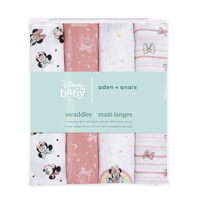 aden + anais Aden Swaddle Blanket, Muslin Blankets for Girls & Boys, Baby Receiving Swaddles, Ideal Newborn Gifts, Unisex Infant Shower Items, Wearable Swaddling Set, 4 Pk, Minnie Mouse Rainbows
