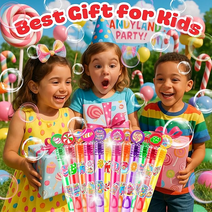 Candyland Party Favors for Kids – 24PCS Sweet-Themed Mini Bubble Wands, Great for Birthday Supplies, Pinata Fillers, Goodie Bags & Classroom Rewards