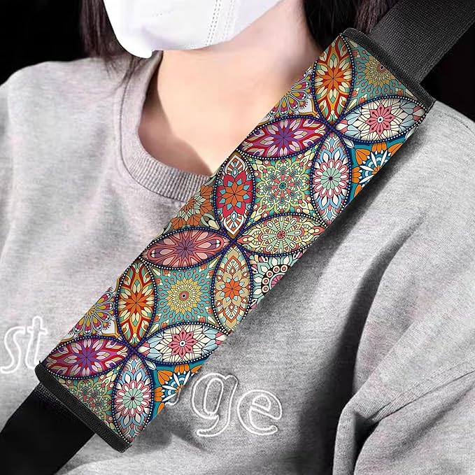 Car Seat Belt Pad Cover, 4-Pack Soft Car Safety Seat Belt Strap Shoulder Pad for Adults and Children, Suitable for Car Seat Belt, Backpack, Shoulder Bag(Pretty Mandala)