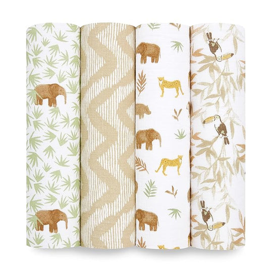 aden + anais Essentials Muslin Swaddle Blankets for Baby Girls and Boys, Newborn Receiving Blanket for Swaddling, 100% Cotton Baby Swaddle Wrap, 4 Pack, Tanzania