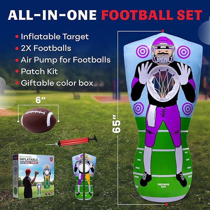Inflatable Football Target – Double-Sided Toss Training Game with Mini Footballs – Super Bowl Party Game for Kids and Adults – Indoor & Outdoor Backyard Fun – 65 Inch