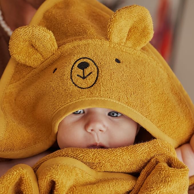 Baby Hooded Towel – Organic Cotton Baby Bath Towels – Baby Towels, Baby Bath Towels for Baby Boy, Baby Girl, 32" x 32" Super-Soft and Absorbent Baby Towels for Newborn (Bear - Autumn Yellow)