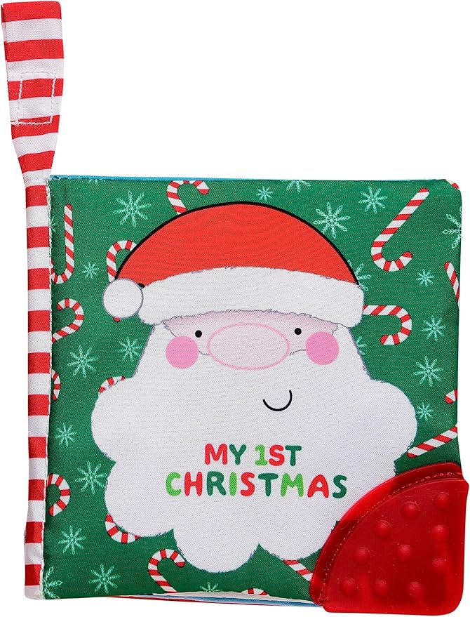 My First Christmas Soft, Crinkle Activity Book with Silicone Teether and Travel Strap, Santa, Green (5 1/2 inch Square)