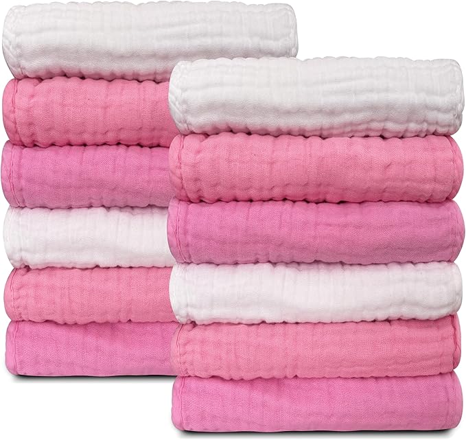 Sunny zzzZZ Baby Muslin Washcloths -100% Cotton Muslin Soft Baby Bath Wash Cloths and Absorbent Burp Cloths for Newborns Kids Girls and Boys -12 Pack, 12x12 Inches - White+Deep Sakura Series