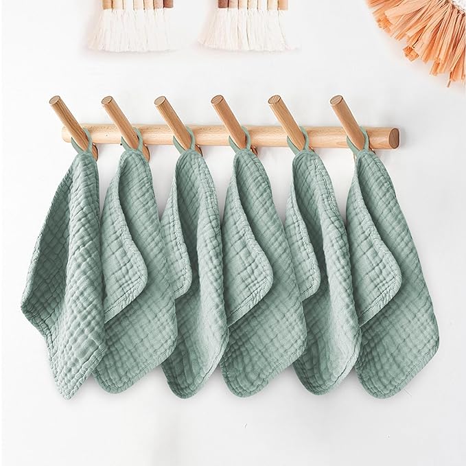 12 Pack Muslin Washcloths for Baby - 100% Cotton Baby Wash Cloths for or Baby Face Body Comfy and Soft for Newborn Infants Kids Girls and Boys - 12"x12" - Green