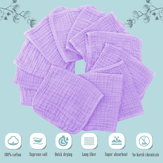 Cute Castle 12 Pack Muslin Burp Cloths for Baby - Ultra-Soft 100% Cotton Baby Washcloths - Large 20'' by 10'' Super Absorbent Milk Spit Up Rags - Burpy Cloths for Unisex, Boy, Girl - Purple
