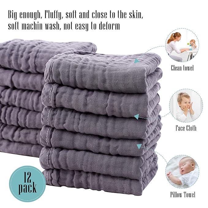 Cute Castle 12 Pack Muslin Burp Cloths for Baby - Ultra-Soft 100% Cotton Baby Washcloths - Large 20'' by 10'' Super Absorbent Milk Spit Up Rags - Burpy Cloths for Unisex, Boy, Girl - Grey