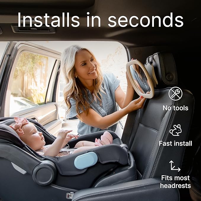 Renzo Baby Car Mirror - Rear Facing Car Seat Mirror for Infants - Extra Large, Shatter-Resistant, 360° Adjustable, Tool-Free Installation - Fits Most Cars, SUVs & Trucks (Midnight Black)