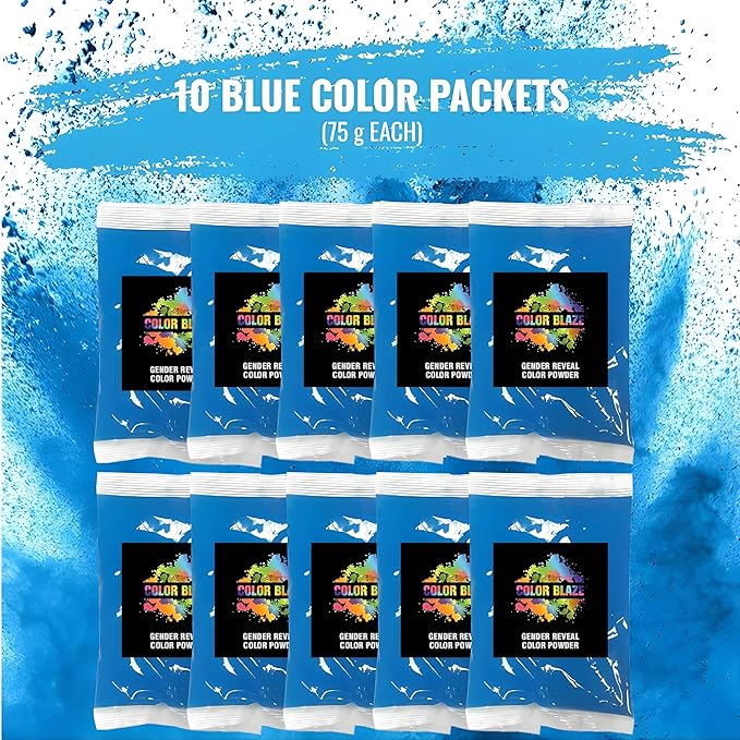 Color Blaze Baby Gender Reveal Color Powder Packets - 75 g Each - 10 Packs of Blue Colored Powder for Boy - For Car & Motorcycle Burnout, Exhaust, Color Toss, Photoshoot, Party & Festival - Blue
