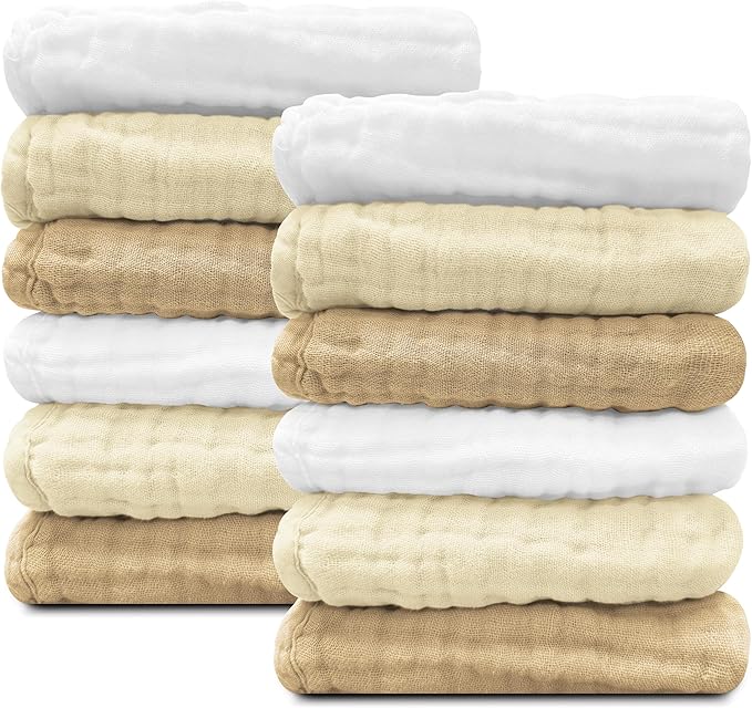 Sunny zzzZZ Baby Muslin Washcloths -100% Cotton Muslin Soft Baby Bath Wash Cloths and Absorbent Burp Cloths for Newborns Kids Girls and Boys -12 Pack, 12x12 Inches - White+Ivory+Brown