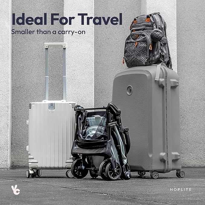BabbleRoo Hoplite Compact Stroller – Lightweight Travel Stroller for Airplane (12.3 lbs), from Birth to 55 lbs, Easy Fold, PU Wheels, Alloy Frame, Near-Flat Recline, Cup Holder, Baby Stroller