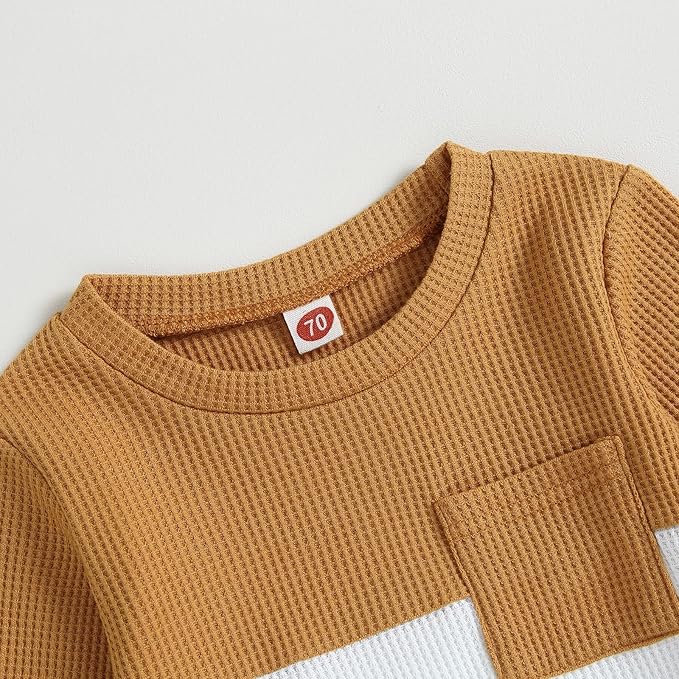 Toddler Baby Boy Fall Outfit Long Sleeve Crew Neck Contrast Color Sweatshirt Top Pant Cute Newborn Infant Waffle Clothes
