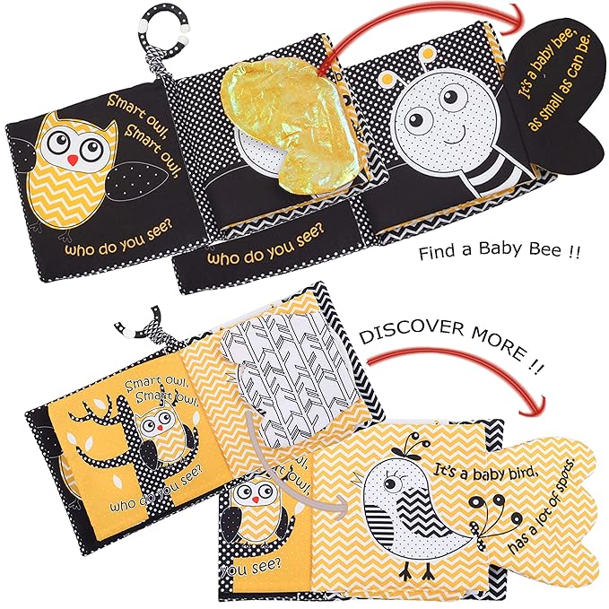 Touch and Feel Cloth Crinkle Books for Babies Infant, Baby Books Toys 0-3-6-12 Months, Christmas Shower Baby Gifts, High Contrast Toy,Teething Teethers, Tummy Time Mirror Toys for Boys and Girls-Owl