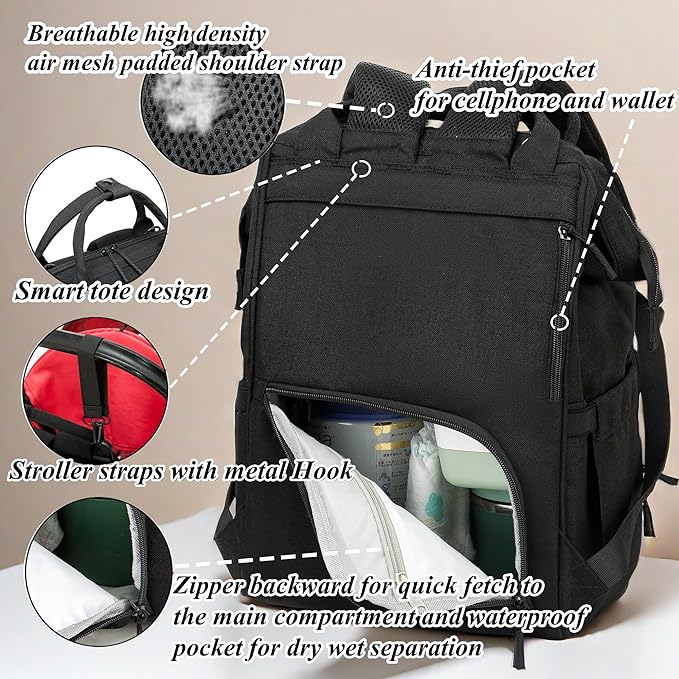 Diaper Bag Backpack for Dad and Mom with USB Charging Port Stroller Straps and Insulated Pocket,army military Travel Nappy Backpack for Daddy/Mommy (Black)
