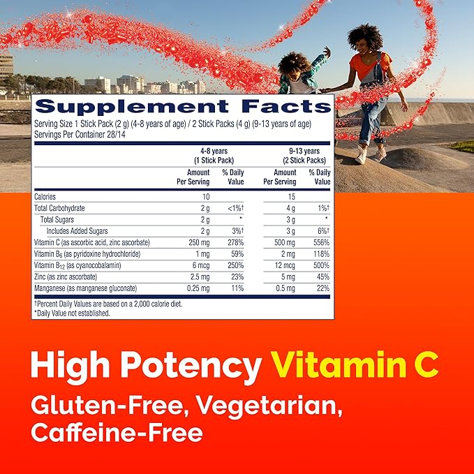 Emergen-C Kidz Crystals, On-the-Go Emergen-C Immune Support Supplement with Vitamin C, B Vitamins, Zinc and Manganese, Sparkly Strawberry, Stocking Stuffer - 56 Stick Packs