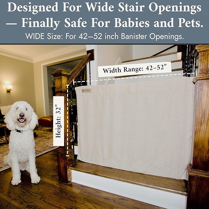 The Stair Barrier First Fabric Banister to Banister Baby Gates for Stairs 42”–52” Wide x 32” Tall– No Drill Baby Gate for Top or Bottom Staircase, Machine-Washable Climb Proof, Designed in USA, Beige