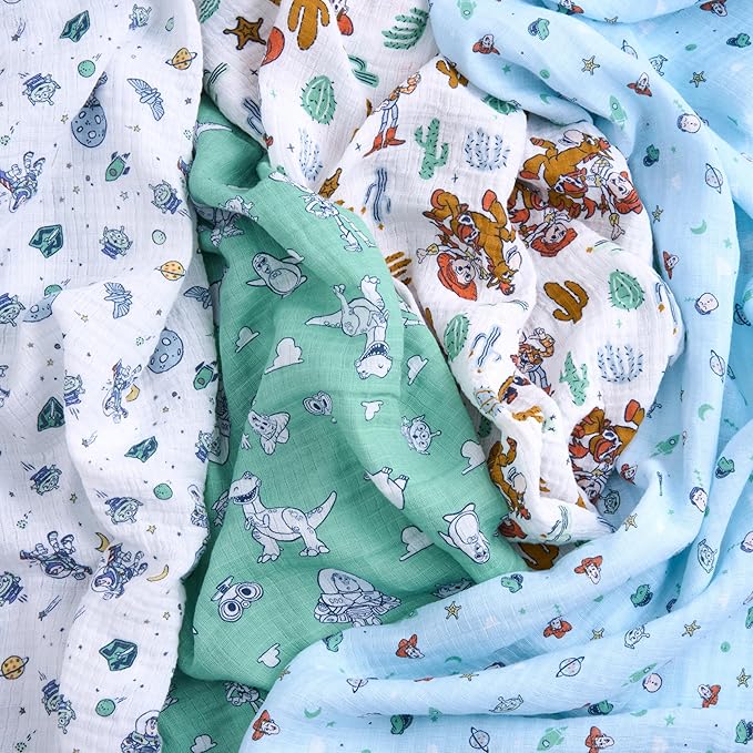 aden + anais Essentials Muslin Swaddle Blankets, Newborn Receiving Blanket for Swaddling, 100% Cotton Baby Swaddle Wrap, 4 Pack, Toy Story