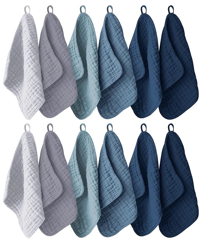 12 Pack Muslin Washcloths for Baby - 100% Cotton Baby Wash Cloths for or Baby Face Body Comfy and Soft for Newborn Infants Kids Girls and Boys - 12"x12" - Slate, Grey and Navy Series